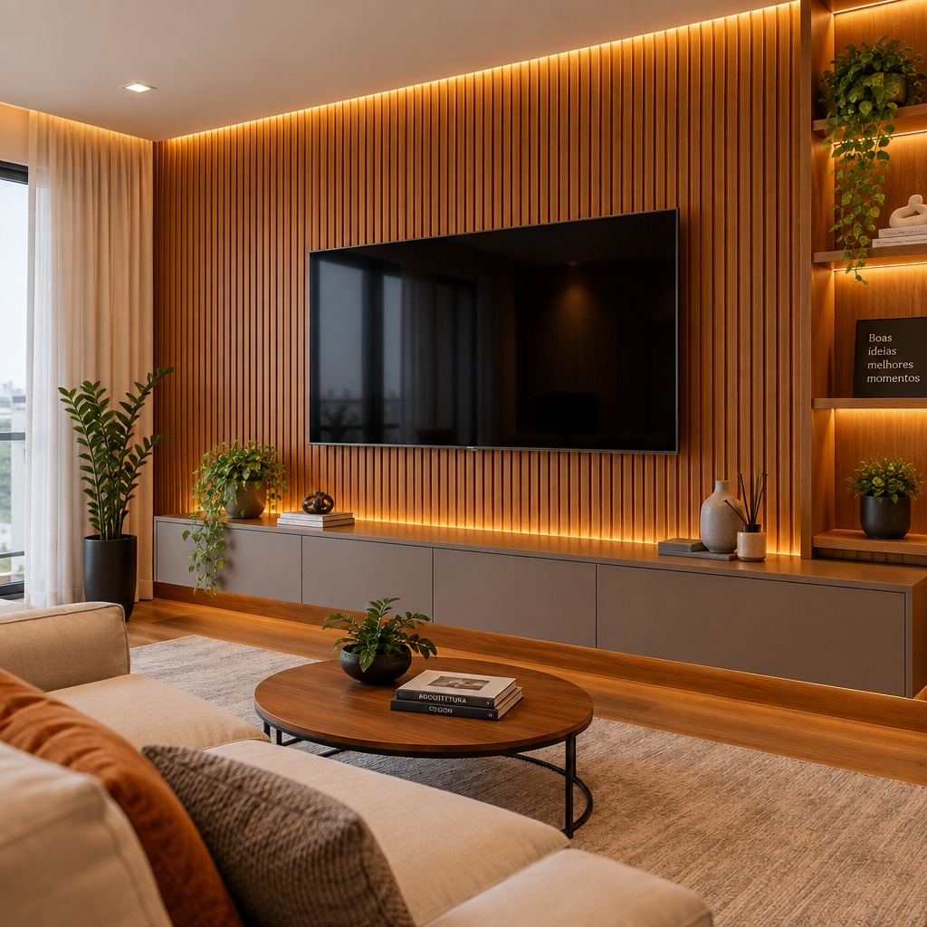 Painel ripado de madeira com rack suspenso para sala de estar
